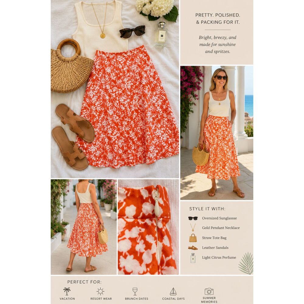 Talbots Linen Cotton A-Line Skirt Orange White Abstract Floral Size 14
